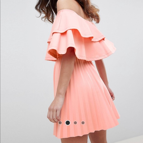 ASOS || Peach Off-the-Shoulder Pleated Skater - Picture 2 of 5